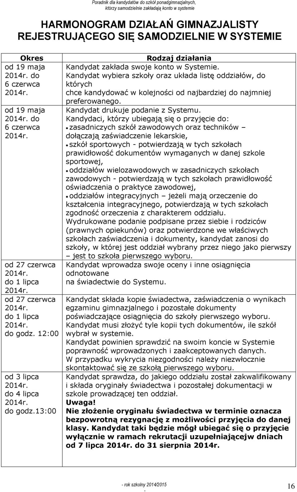 Kandydat wybiera szkoły oraz układa listę oddziałów, do których chce kandydować w kolejności od najbardziej do najmniej preferowanego. Kandydat drukuje podanie z Systemu.