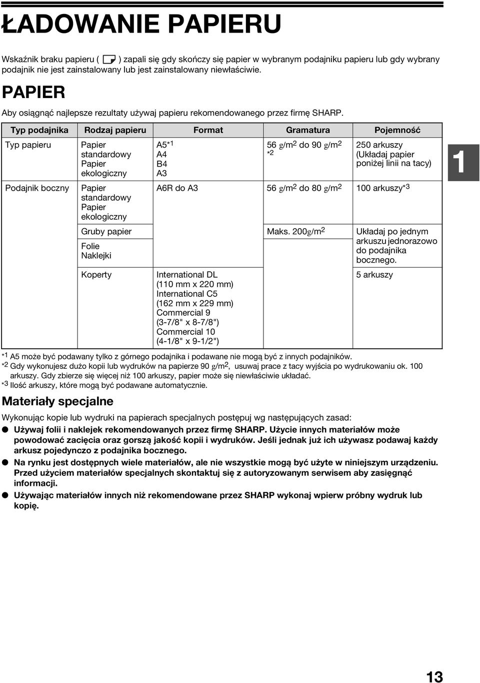 Typ podajnika Rodzaj papieru Format Gramatura Pojemność Typ papieru Papier A5* 56 g/m do 90 g/m standardowy Papier A4 B4 * 50 arkuszy (Układaj papier poniżej linii na tacy) ekologiczny A3 Podajnik