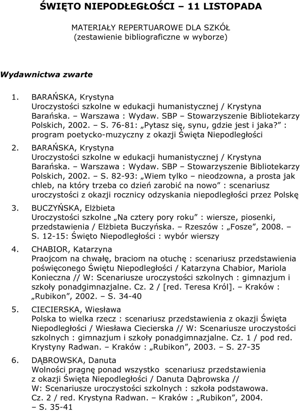 : program poetycko-muzyczny z okazji Święta Niepodległości 2. BARAŃSKA, Krystyna Uroczystości szkolne w edukacji humanistycznej / Krystyna Barańska. Warszawa : Wydaw.