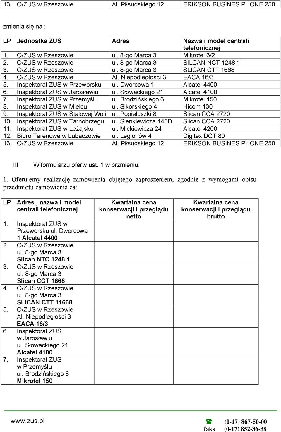 Inspektorat ZUS w w Jarosławiu w Przemyślu 8. Inspektorat ZUS w Mielcu 1 1 ERIKSON BUSINES PHONE III. W formularzu oferty ust.