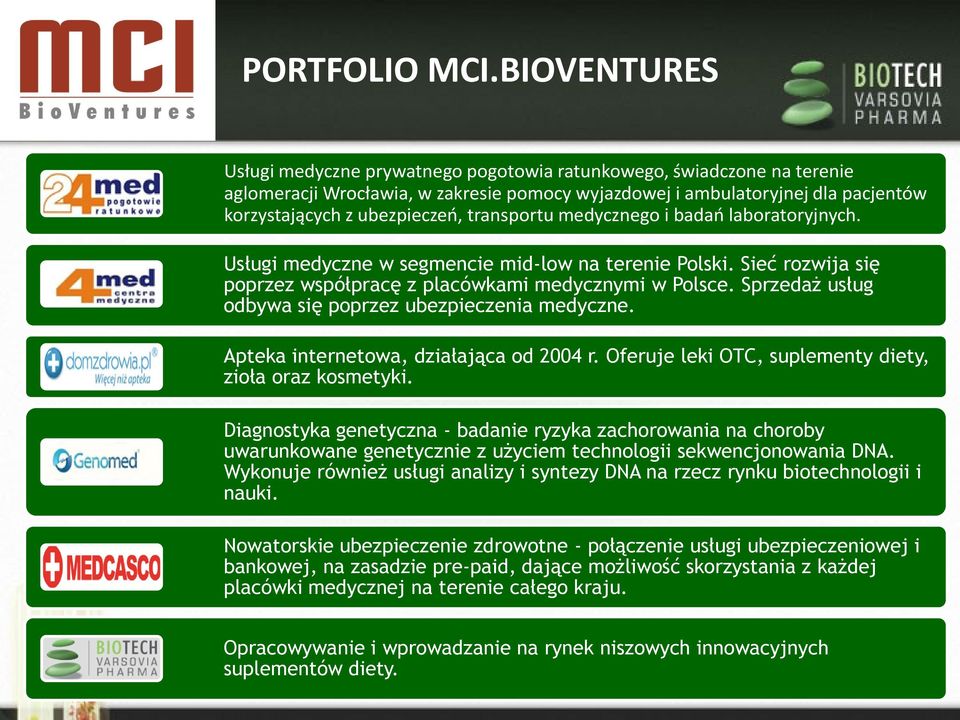 transportu medycznego i badao laboratoryjnych. Usługi medyczne w segmencie mid-low na terenie Polski. Sieć rozwija się poprzez współpracę z placówkami medycznymi w Polsce.