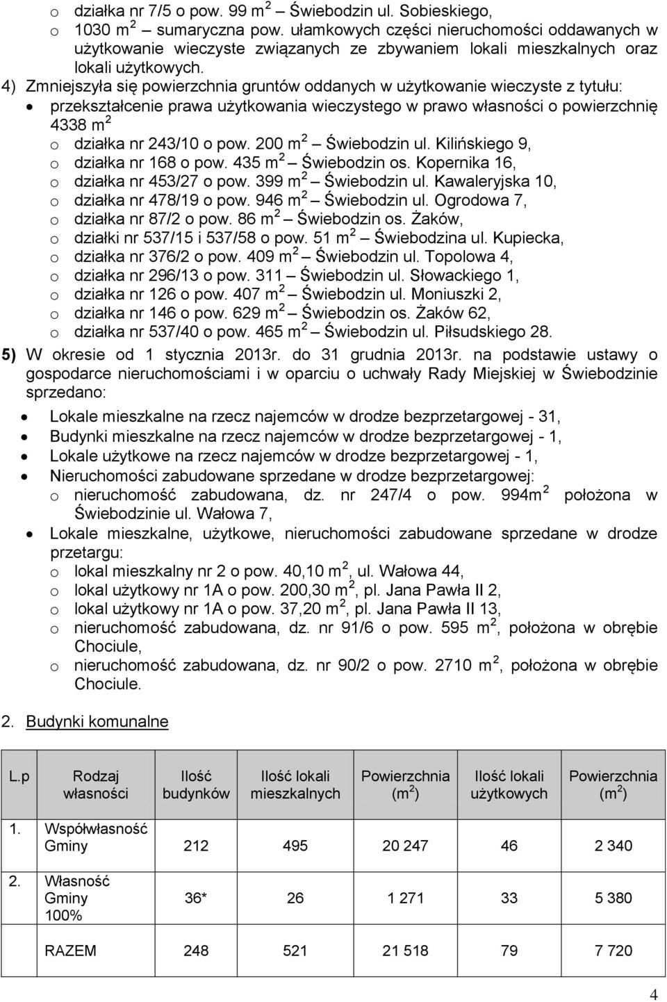 4) Zmniejszyła się powierzchnia gruntów oddanych w użytkowanie wieczyste z tytułu: przekształcenie prawa użytkowania wieczystego w prawo własności o powierzchnię 4338 m 2 o działka nr 243/10 o pow.