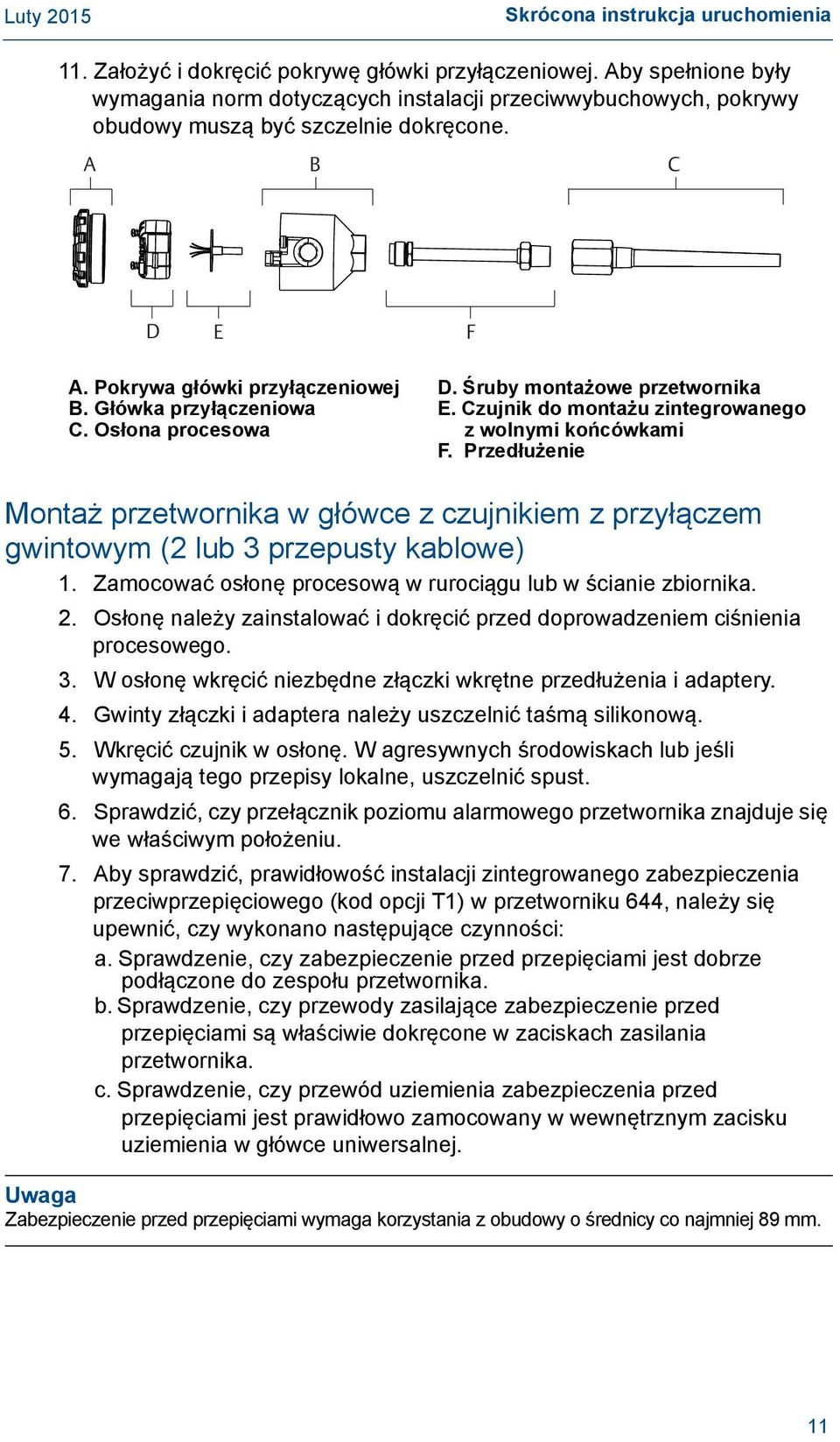 Osłona procesowa D. Śruby montażowe przetwornika E. Czujnik do montażu zintegrowanego zwolnymi końcówkami F.