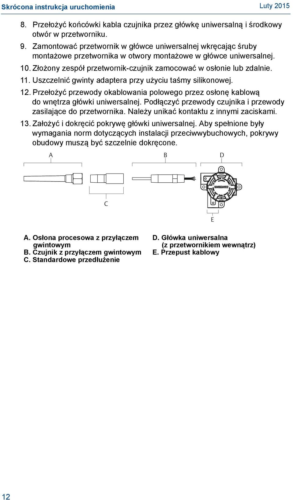 11. Uszczelnić gwinty adaptera przy użyciu taśmy silikonowej. 12. Przełożyć przewody okablowania polowego przez osłonę kablową do wnętrza główki uniwersalnej.