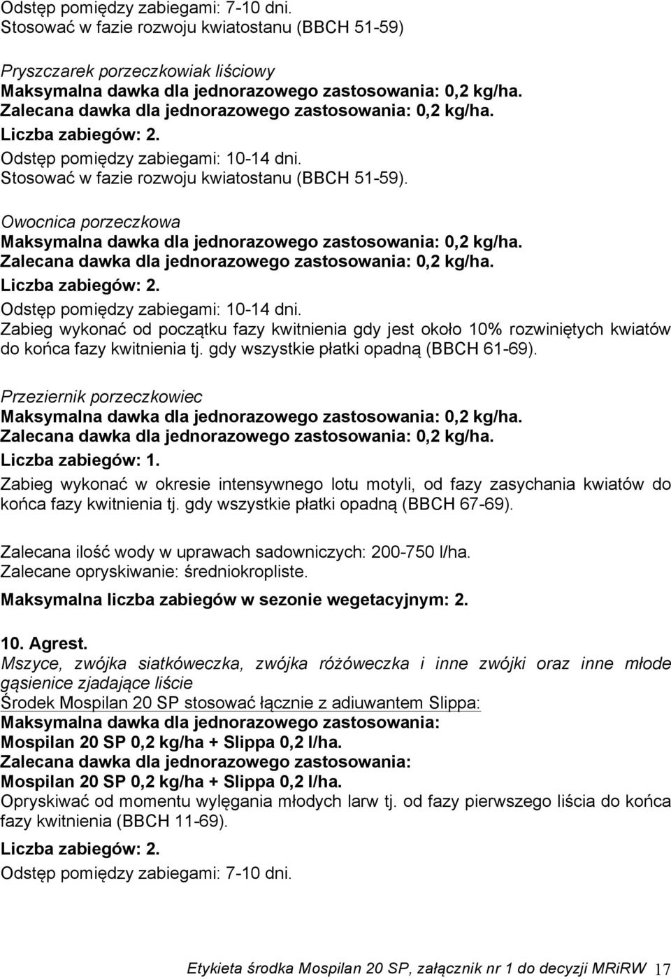 gdy wszystkie płatki opadną (BBCH 61-69). Przeziernik porzeczkowiec Zabieg wykonać w okresie intensywnego lotu motyli, od fazy zasychania kwiatów do końca fazy kwitnienia tj.