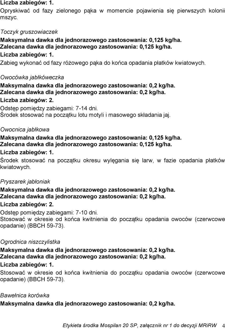 0,125 kg/ha. Środek stosować na początku okresu wylęgania się larw, w fazie opadania płatków kwiatowych.