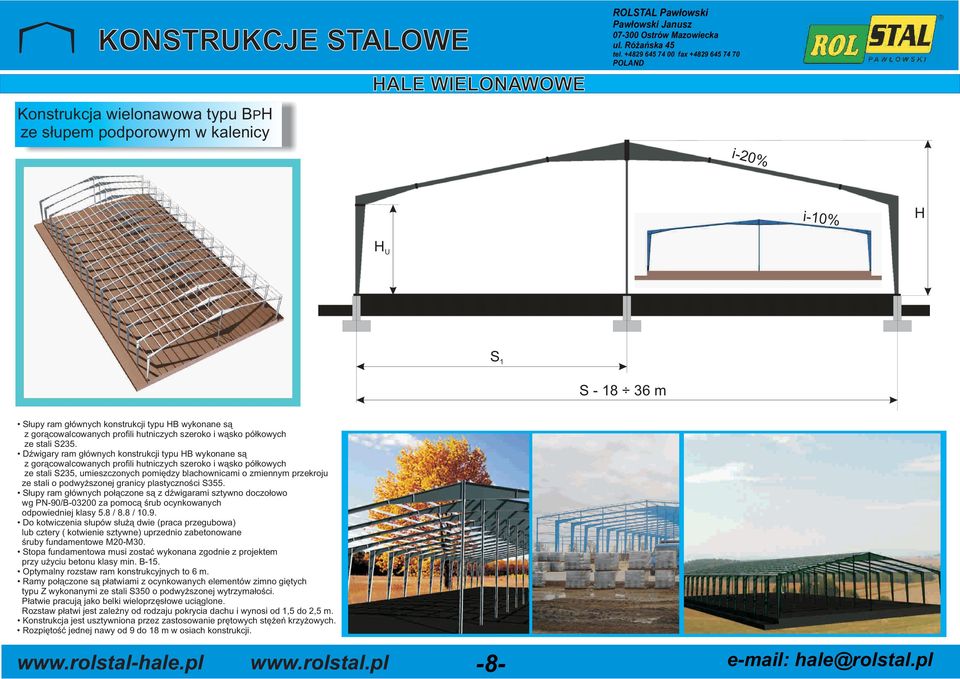 DŸwigary ram gùównych konstrukcji typu B wykonane s¹ z goràcowalcowanych profili hutniczych szeroko i wàsko póùkowych ze stali S235, umieszczonych pomiêdzy blachownicami o zmiennym przekroju ze stali