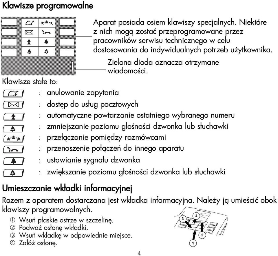 pomiêdzy rozmówcami : przenoszenie po³¹czeñ do innego aparatu : ustawianie sygna³u dzwonka : zwiêkszanie poziomu g³oœnoœci dzwonka lub s³uchawki + _ + Umieszczanie wk³adki informacyjnej Aparat