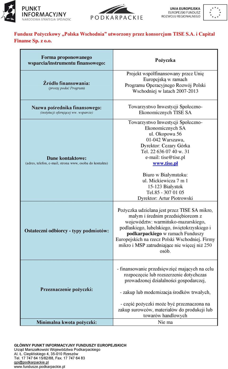 y Polska Wschodnia utworzony przez konsorcjum TISE S.A. i Capital Finanse Sp. z o.o. wsparcia/instrumentu Źródło finansowania: Projekt współfinansowany przez Unię Europejską w ramach Programu