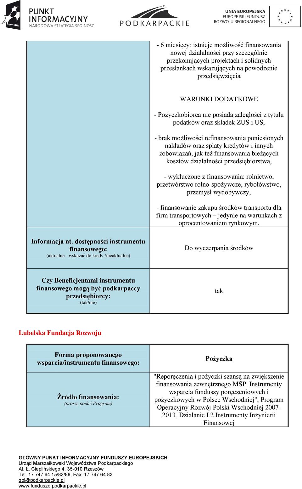 bieżących kosztów działalności przedsiębiorstwa, - wykluczone z finansowania: rolnictwo, przetwórstwo rolno-spożywcze, rybołówstwo, przemysł wydobywczy, - finansowanie zakupu środków transportu dla