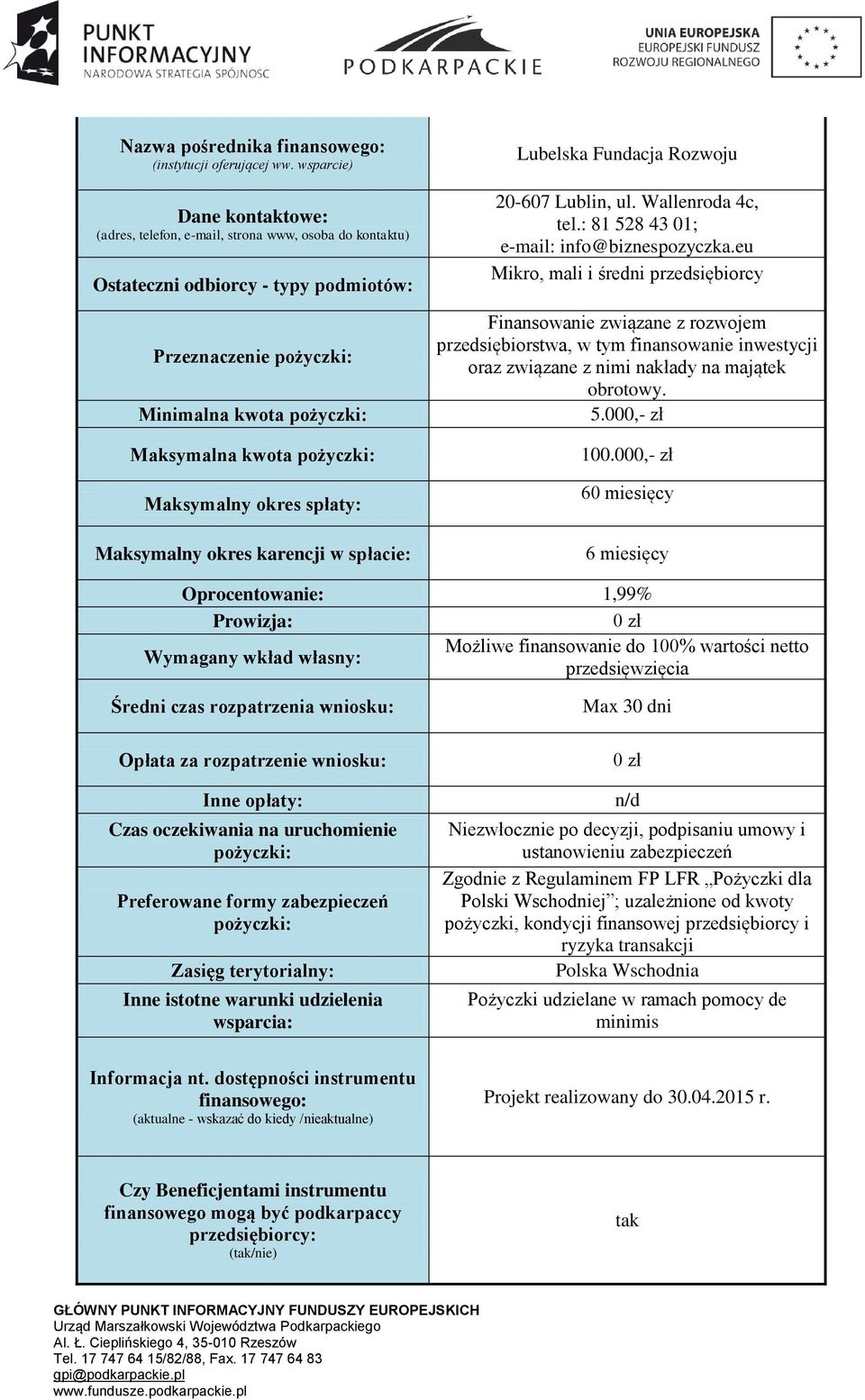 eu Mikro, mali i średni przedsiębiorcy Finansowanie związane z rozwojem przedsiębiorstwa, w tym finansowanie inwestycji oraz związane z nimi nakłady na majątek obrotowy. 5.000,- zł 100.