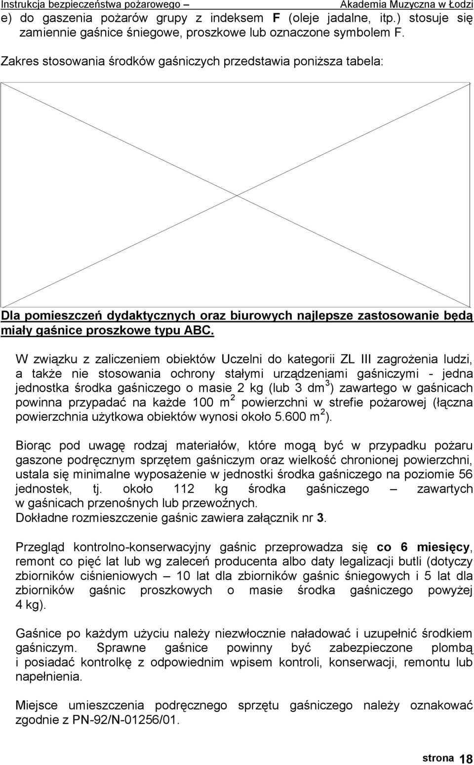 W związku z zaliczeniem obiektów Uczelni do kategorii ZL III zagrożenia ludzi, a także nie stosowania ochrony stałymi urządzeniami gaśniczymi - jedna jednostka środka gaśniczego o masie 2 kg (lub 3