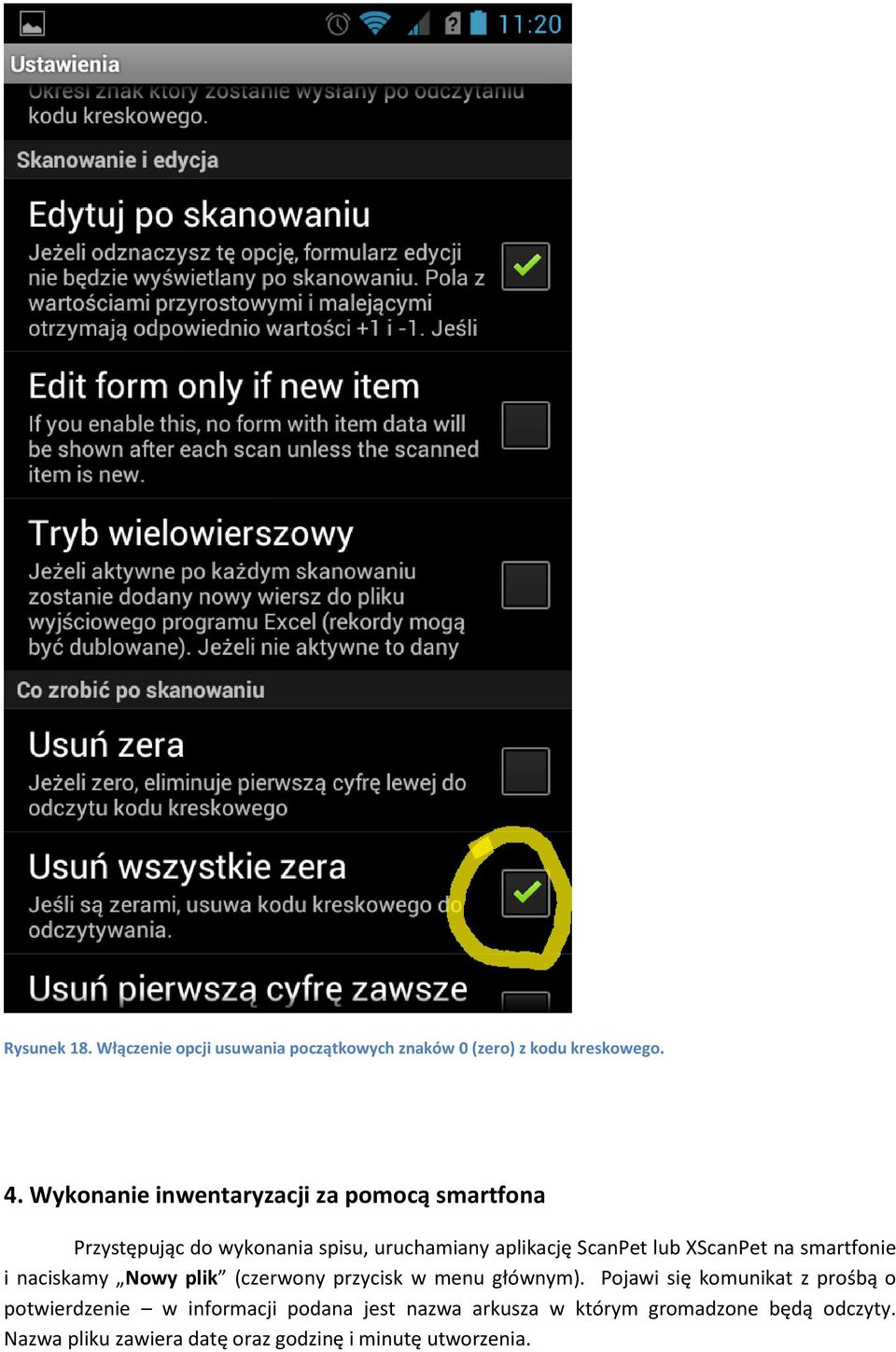 XScanPet na smartfonie i naciskamy Nowy plik (czerwony przycisk w menu głównym).