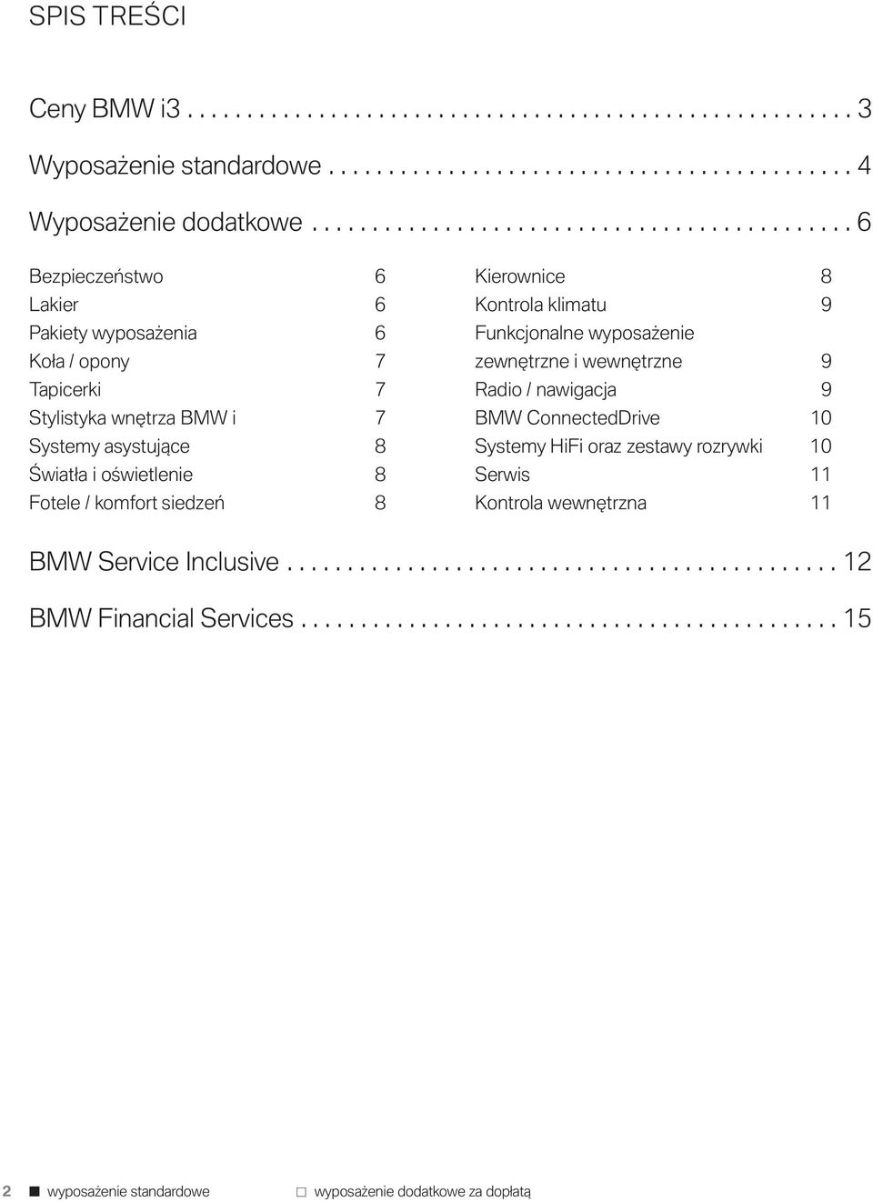 Fotele / komfort siedzeń 8 Kierownice 8 Kontrola klimatu 9 Funkcjonalne wyposażenie zewnętrzne i wewnętrzne 9 Radio / nawigacja 9 BMW ConnectedDrive 10 Systemy HiFi oraz zestawy rozrywki 10 Serwis