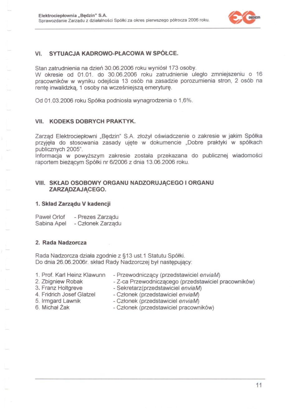 03.2006 roku Spólka podniosla wynagrodzenia 01,6%. VII. KODEKS DOBRYCH PRAK