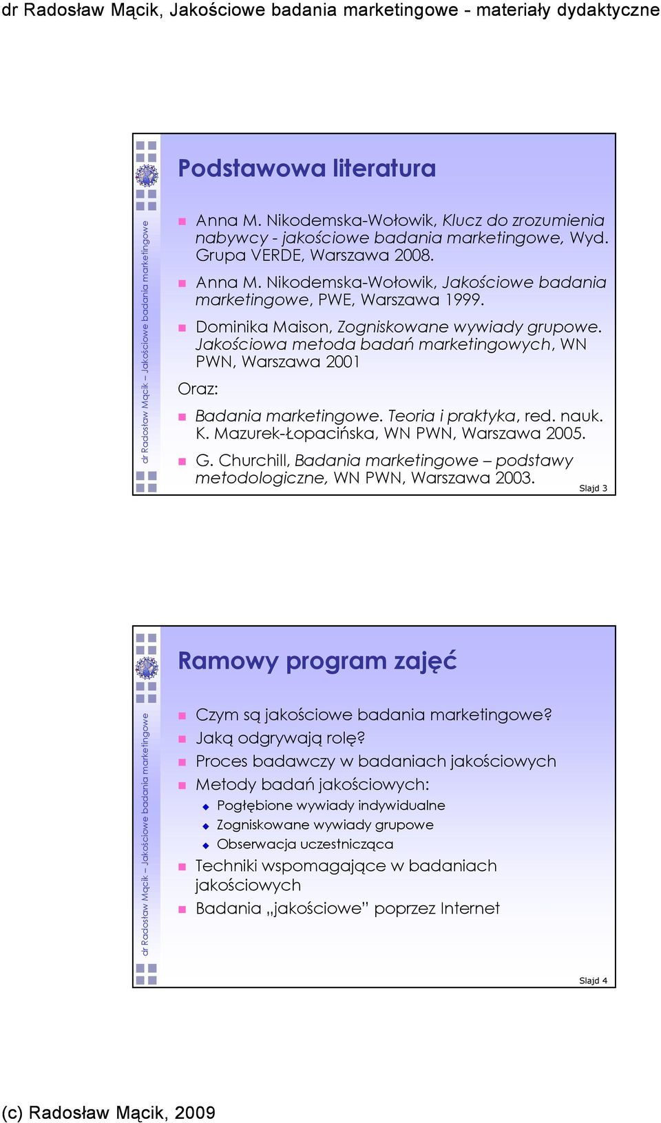 Mazurek-Łopacińska, WN PWN, Warszawa 2005. G. Churchill, Badania marketingowe podstawy metodologiczne, WN PWN, Warszawa 2003. Slajd 3 Ramowy program zajęć Czym są jakościowe badania marketingowe?