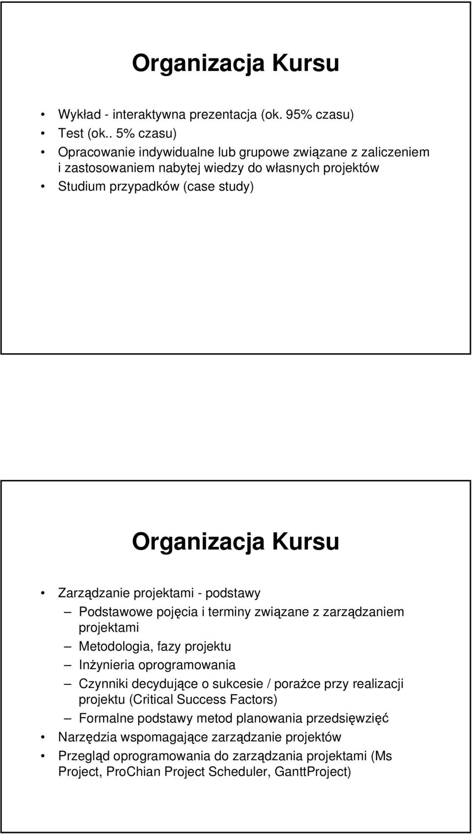 Kursu Zarządzanie projektami - podstawy Podstawowe pojęcia i terminy związane z zarządzaniem projektami Metodologia, fazy projektu Inżynieria oprogramowania Czynniki