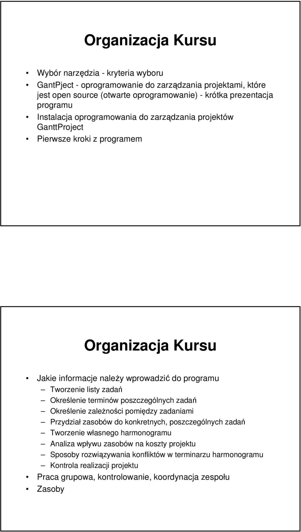 listy zadań Określenie terminów poszczególnych zadań Określenie zależności pomiędzy zadaniami Przydział zasobów do konkretnych, poszczególnych zadań Tworzenie własnego