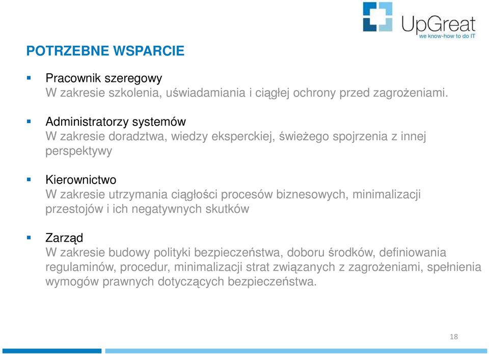 utrzymania ciągłości procesów biznesowych, minimalizacji przestojów i ich negatywnych skutków Zarząd W zakresie budowy polityki