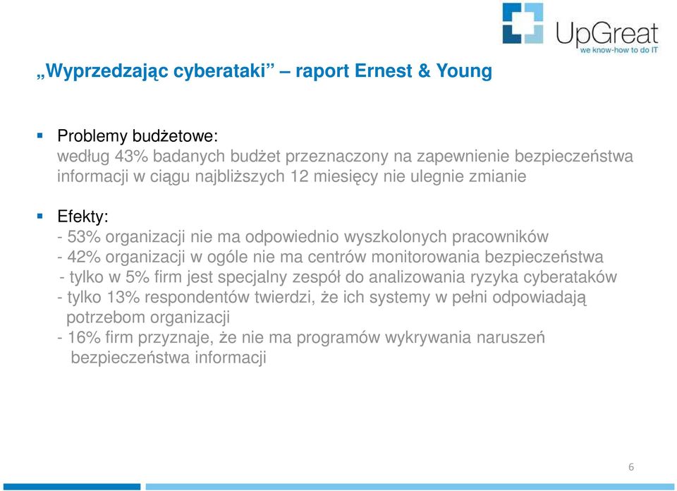 nie ma centrów monitorowania bezpieczeństwa - tylko w 5% firm jest specjalny zespół do analizowania ryzyka cyberataków - tylko 13% respondentów