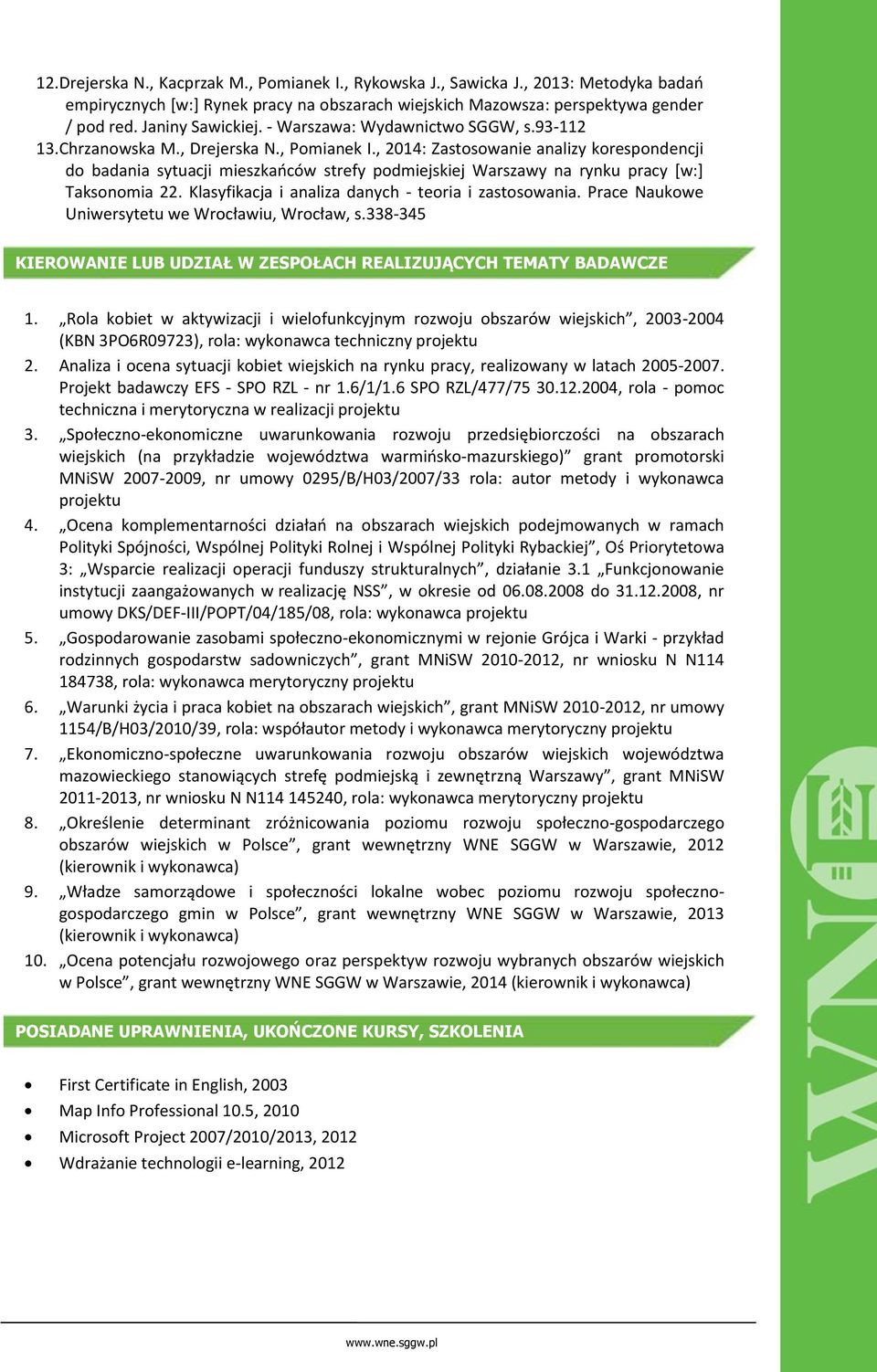 , 2014: Zastosowanie analizy korespondencji do badania sytuacji mieszkańców strefy podmiejskiej Warszawy na rynku pracy [w:] Taksonomia 22. Klasyfikacja i analiza danych - teoria i zastosowania.