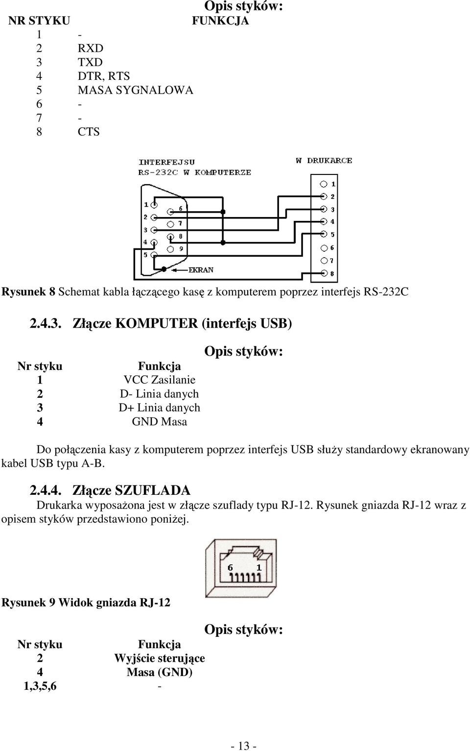 Złącze KOMPUTER (interfejs USB) Nr styku Funkcja 1 VCC Zasilanie 2 D- Linia danych 3 D+ Linia danych 4 GND Masa Opis styków: Do połączenia kasy z komputerem