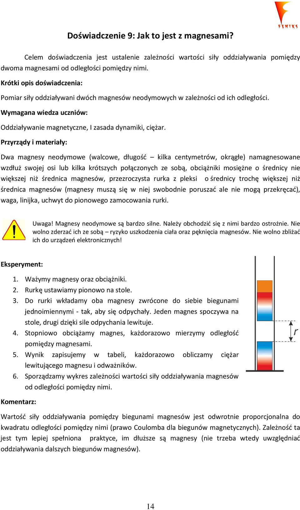 Przyrządy i materiały: Dwa magnesy neodymowe (walcowe, długość kilka centymetrów, okrągłe) namagnesowane wzdłuż swojej osi lub kilka krótszych połączonych ze sobą, obciążniki mosiężne o średnicy nie