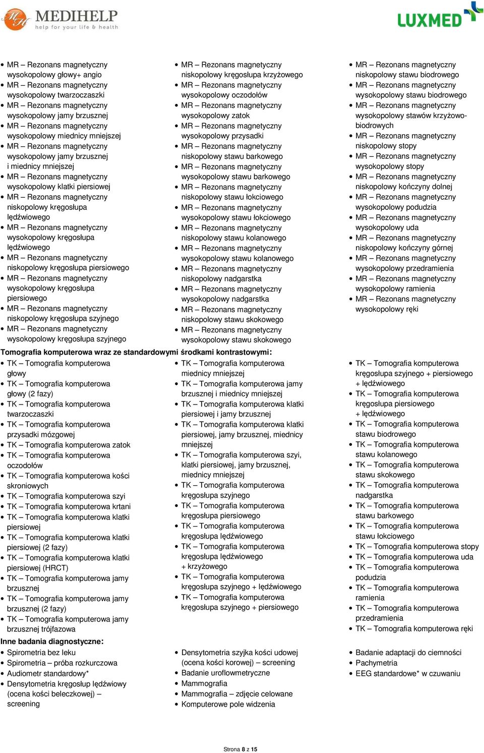 szyjnego niskopolowy kręgosłupa krzyżowego wysokopolowy oczodołów wysokopolowy zatok wysokopolowy przysadki niskopolowy stawu barkowego wysokopolowy stawu barkowego niskopolowy stawu łokciowego