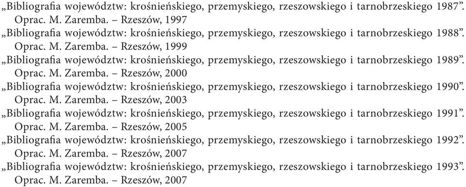 Rzeszów, 1999 Bibliografia województw: krośnieńskiego, przemyskiego, rzeszowskiego i tarnobrzeskiego 1989. Oprac. M. Zaremba.