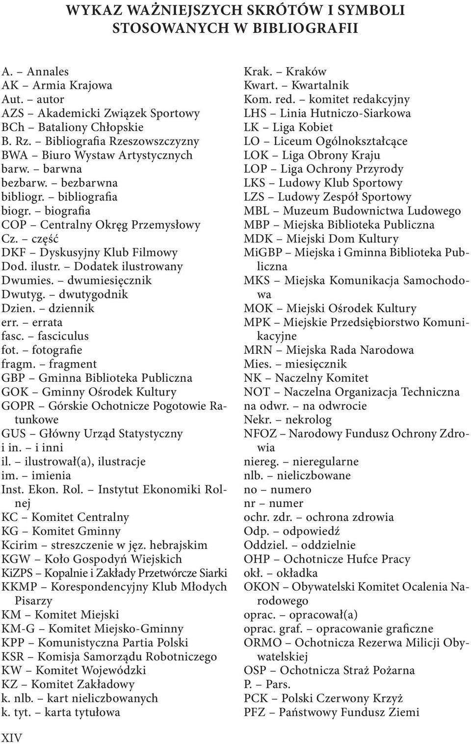 część DKF Dyskusyjny Klub Filmowy Dod. ilustr. Dodatek ilustrowany Dwumies. dwumiesięcznik Dwutyg. dwutygodnik Dzien. dziennik err. errata fasc. fasciculus fot. fotografie fragm.