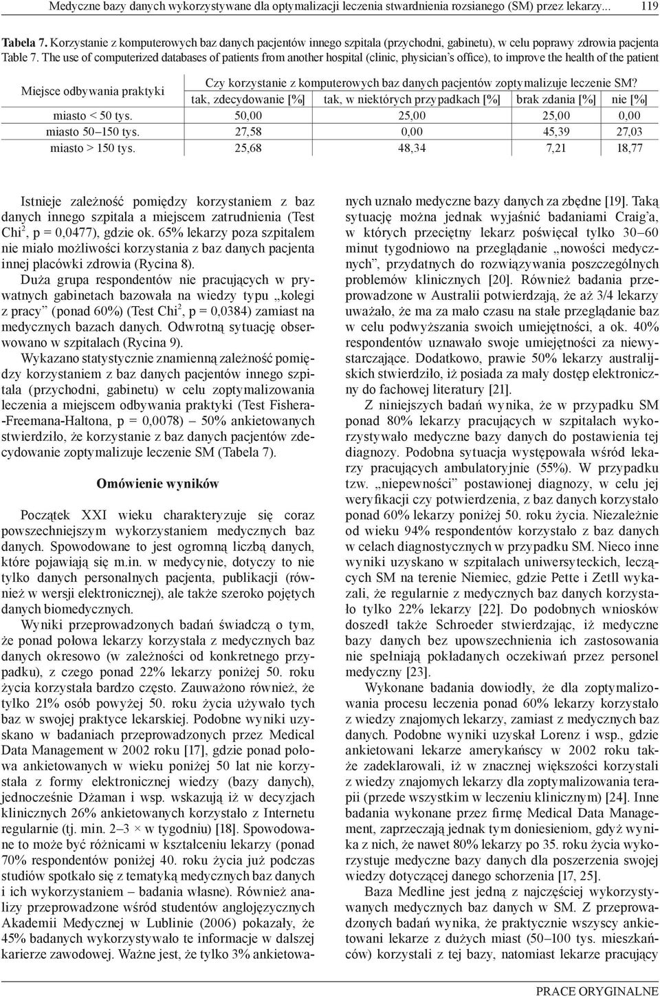 The use of computerized databases of patients from another hospital (clinic, physician s office), to improve the health of the patient Miejsce odbywania praktyki Czy korzystanie z komputerowych baz