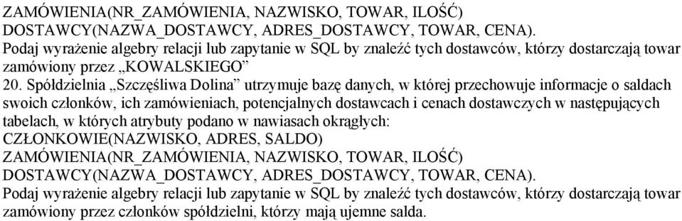 Spółdzielnia Szczęśliwa Dolina utrzymuje bazę danych, w której przechowuje informacje o saldach swoich członków, ich zamówieniach, potencjalnych dostawcach i cenach dostawczych w następujących