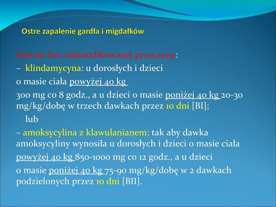 , a u dzieci o masie poniżej 40 kg 20-30 mg/kg/dobę w trzech dawkach przez 10 dni [BI]; lub amoksycylina z