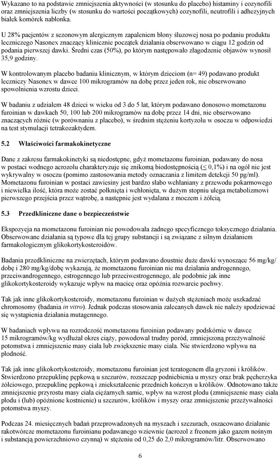 U 28% pacjentów z sezonowym alergicznym zapaleniem błony śluzowej nosa po podaniu produktu leczniczego Nasonex znaczący klinicznie początek działania obserwowano w ciągu 12 godzin od podania