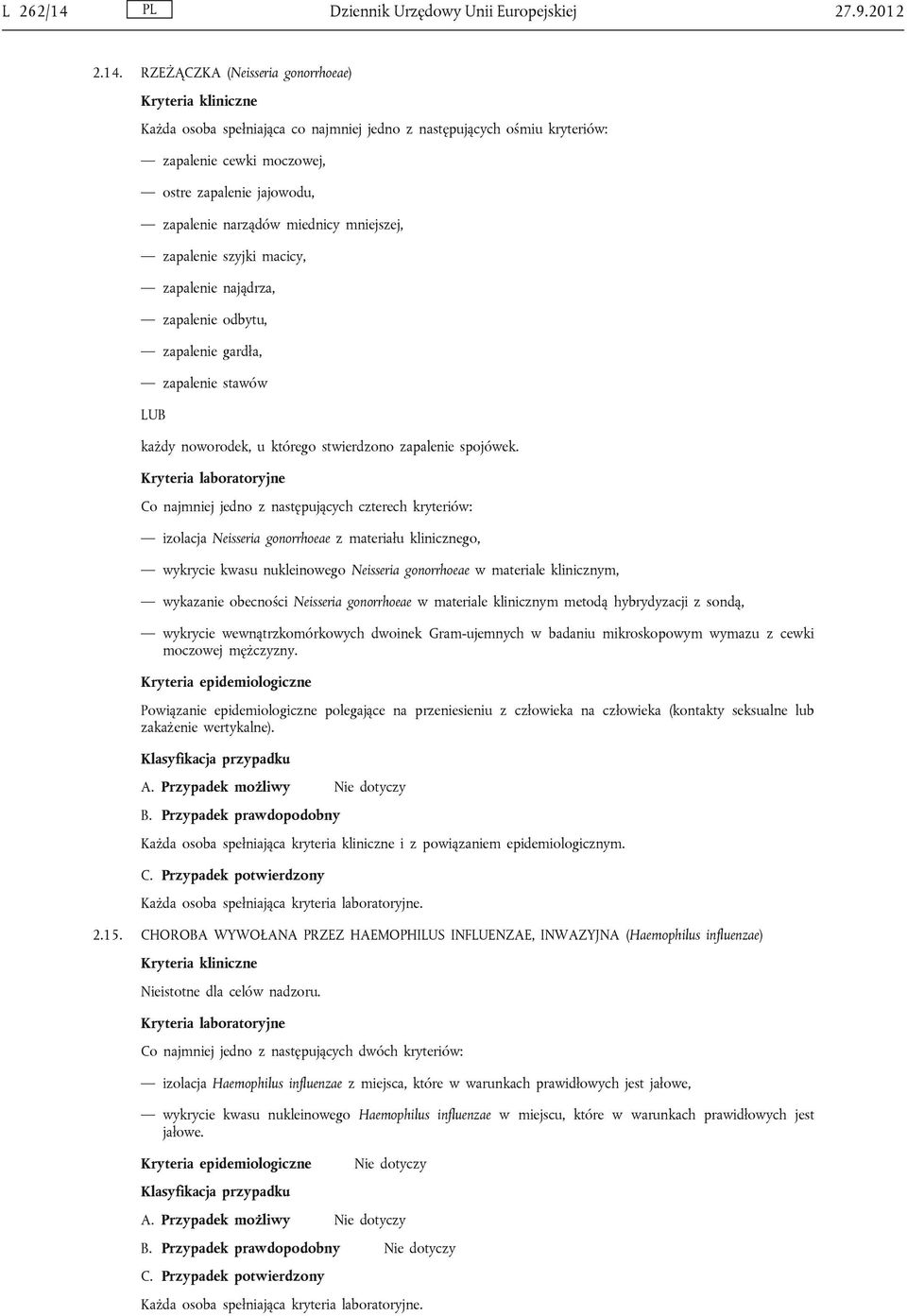 RZEŻĄCZKA (Neisseria gonorrhoeae) Każda osoba spełniająca co najmniej jedno z następujących ośmiu kryteriów: zapalenie cewki moczowej, ostre zapalenie jajowodu, zapalenie narządów miednicy mniejszej,