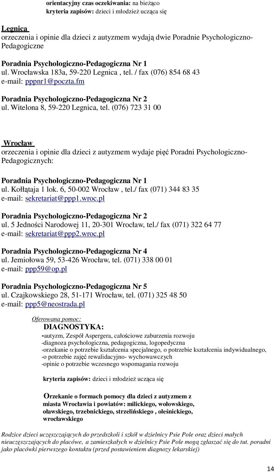 (076) 723 31 00 Wrocław orzeczenia i opinie dla dzieci z autyzmem wydaje pięć Poradni Psychologiczno- Pedagogicznych: Nr 1 ul. Kołłątaja 1 lok. 6, 50-002 Wrocław, tel.