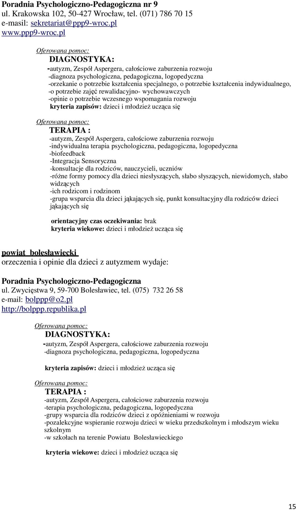 pl DIAGNOSTYKA: -autyzm, Zespół Aspergera, całościowe zaburzenia rozwoju -diagnoza psychologiczna, pedagogiczna, logopedyczna -orzekanie o potrzebie kształcenia specjalnego, o potrzebie kształcenia