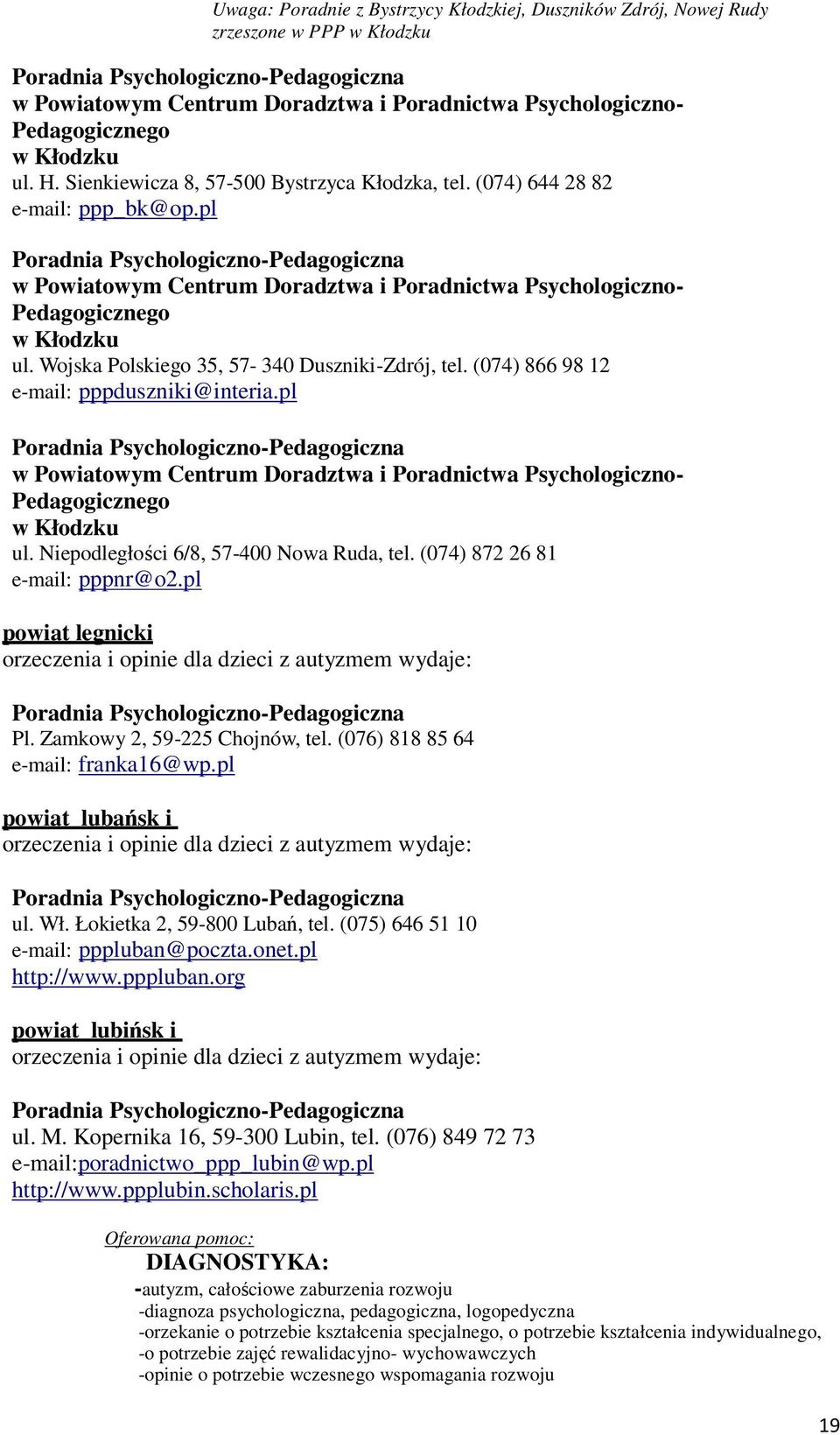 Wojska Polskiego 35, 57-340 Duszniki-Zdrój, tel. (074) 866 98 12 e-mail: pppduszniki@interia.pl w Powiatowym Centrum Doradztwa i Poradnictwa Psychologiczno- Pedagogicznego w Kłodzku ul.