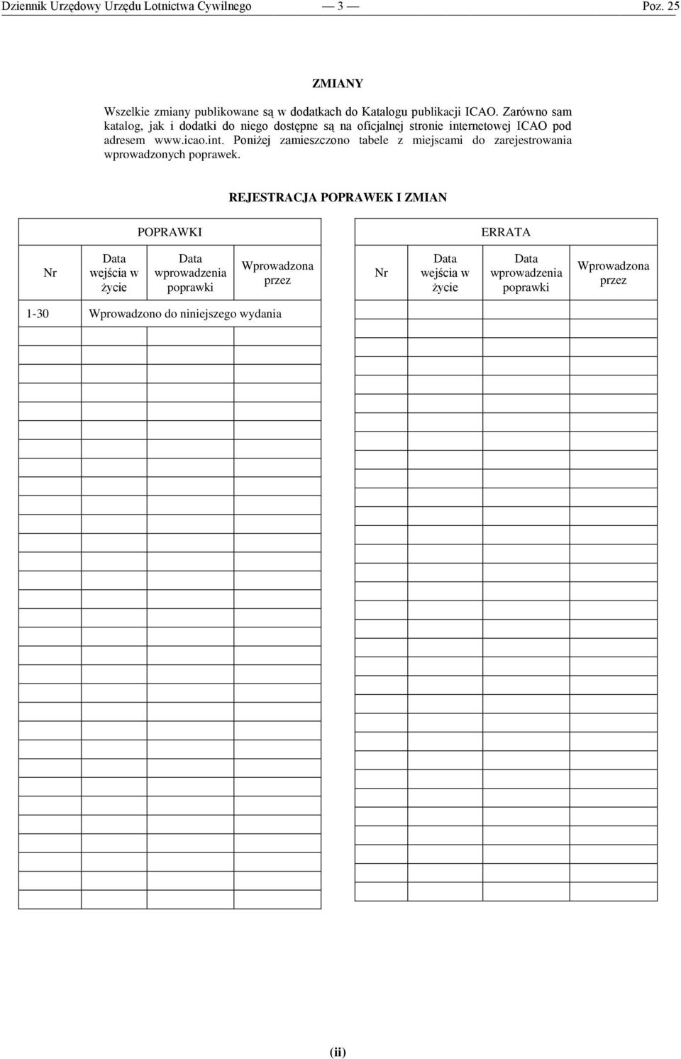 rnetowej ICAO pod adresem www.icao.int. Poniżej zamieszczono tabele z miejscami do zarejestrowania wprowadzonych poprawek.