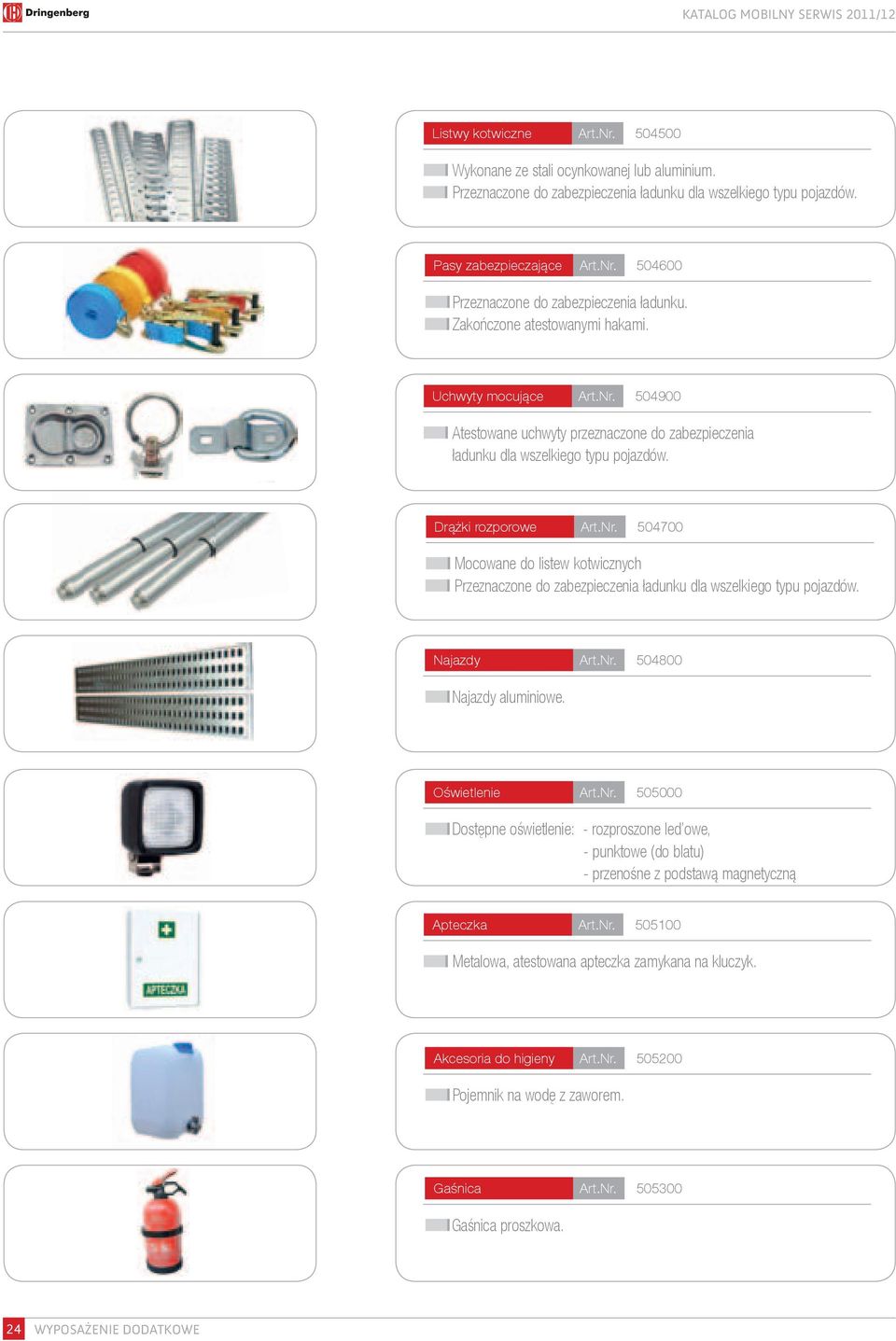 Drążki rozporowe. 504700 Mocowane do listew kotwicznych Przeznaczone do zabezpieczenia ładunku dla wszelkiego typu pojazdów. Najazdy Najazdy aluminiowe.. 504800 Oświetlenie.