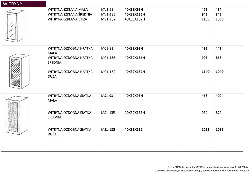 MC1-93 40X39X93H 495 442 MC1-135 40X39X135H 995 866 MC1-182 40X39X182H 1140 1040 WITRYNA OZDOBNA SIATKA MAŁA MS1-93