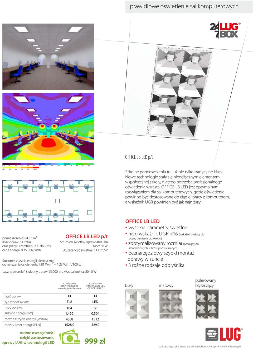 OFFICE LB jest optymalnym m dla sal komputerowych, gdzie oświetlenie powinno być dostosowane do ciągłej pracy z komputerem, a wskaźnik UGR powinien być jak najniższy. pomieszczenie: 64.