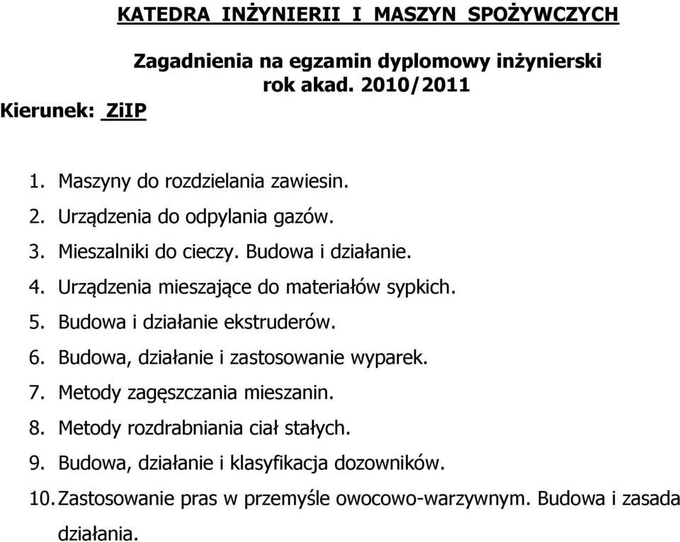 Budowa i działanie ekstruderów. 6. Budowa, działanie i zastosowanie wyparek. 7. Metody zagęszczania mieszanin. 8.