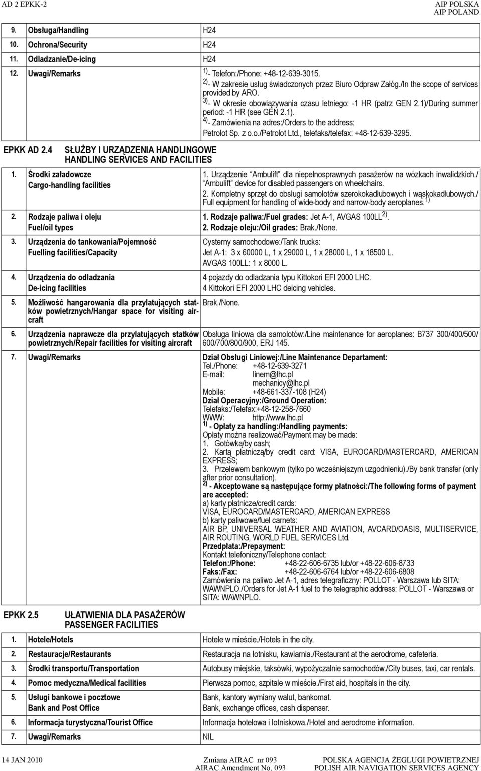 1)/During summer period: -1 HR (see GEN 2.1). - Zamówienia na adres:/orders to the address: Petrolot Sp. z o.o./petrolot Ltd., telefaks/telefax: +48-12-639-3295. EPKK AD 2.4 1.