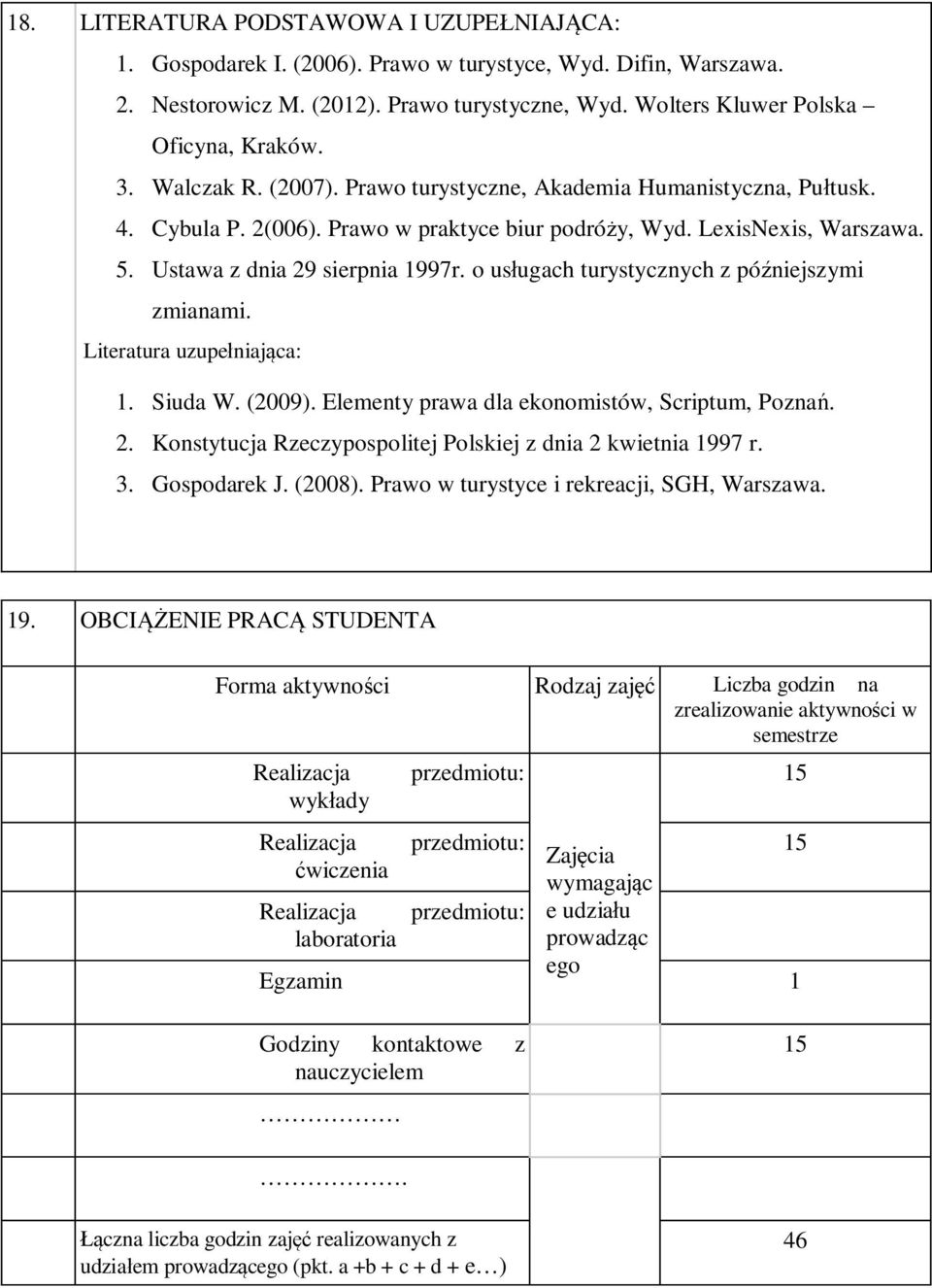 o usługach turystycznych z późniejszymi zmianami. Literatura uzupełniająca: 1. Siuda W. (2009). Elementy prawa dla ekonomistów, Scriptum, Poznań. 2.