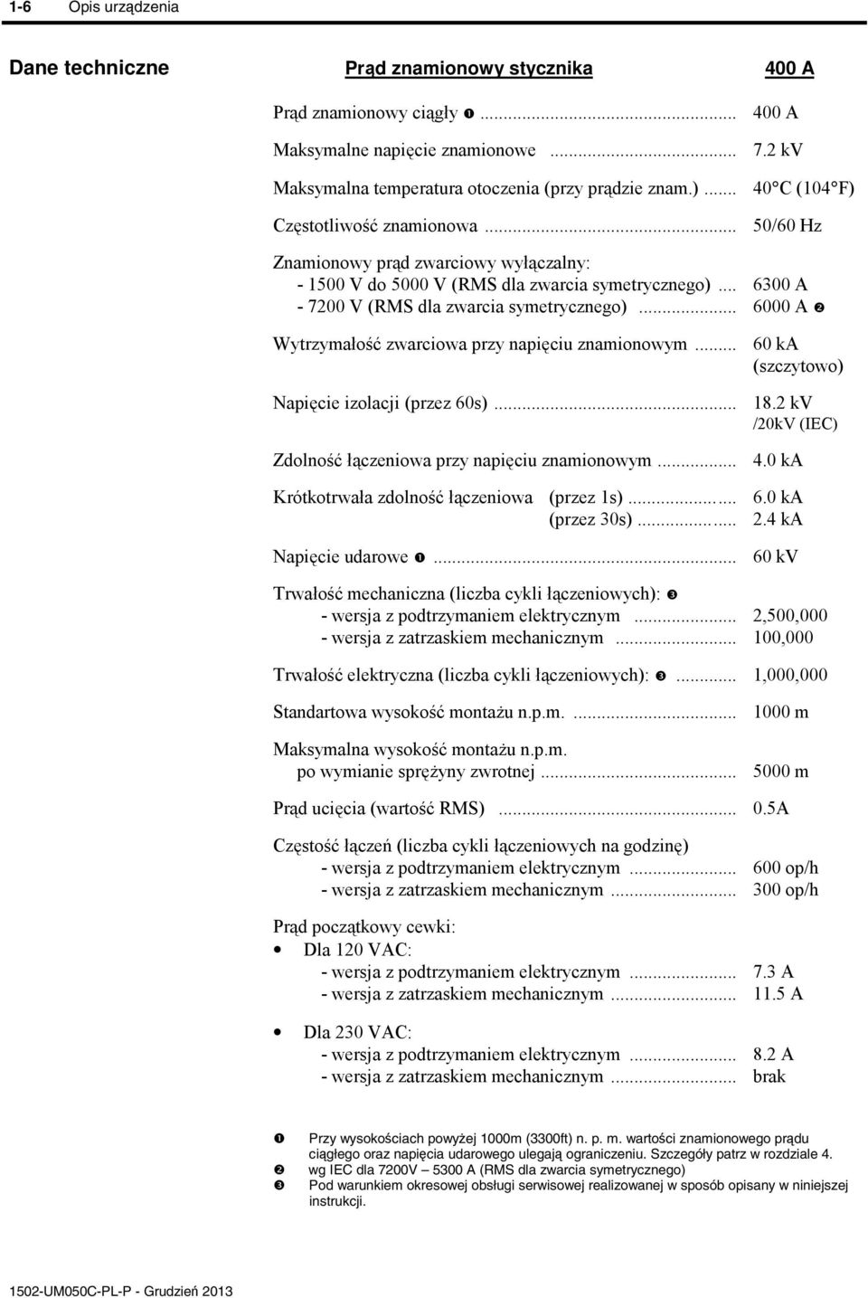 .. 6000 A Wytrzymało zwarciowa przy napiciu znamionowym... 60 ka (szczytowo) Napicie izolacji (przez 60s)... 18.2 kv /20kV (IEC) Zdolno łczeniowa przy napiciu znamionowym... 4.