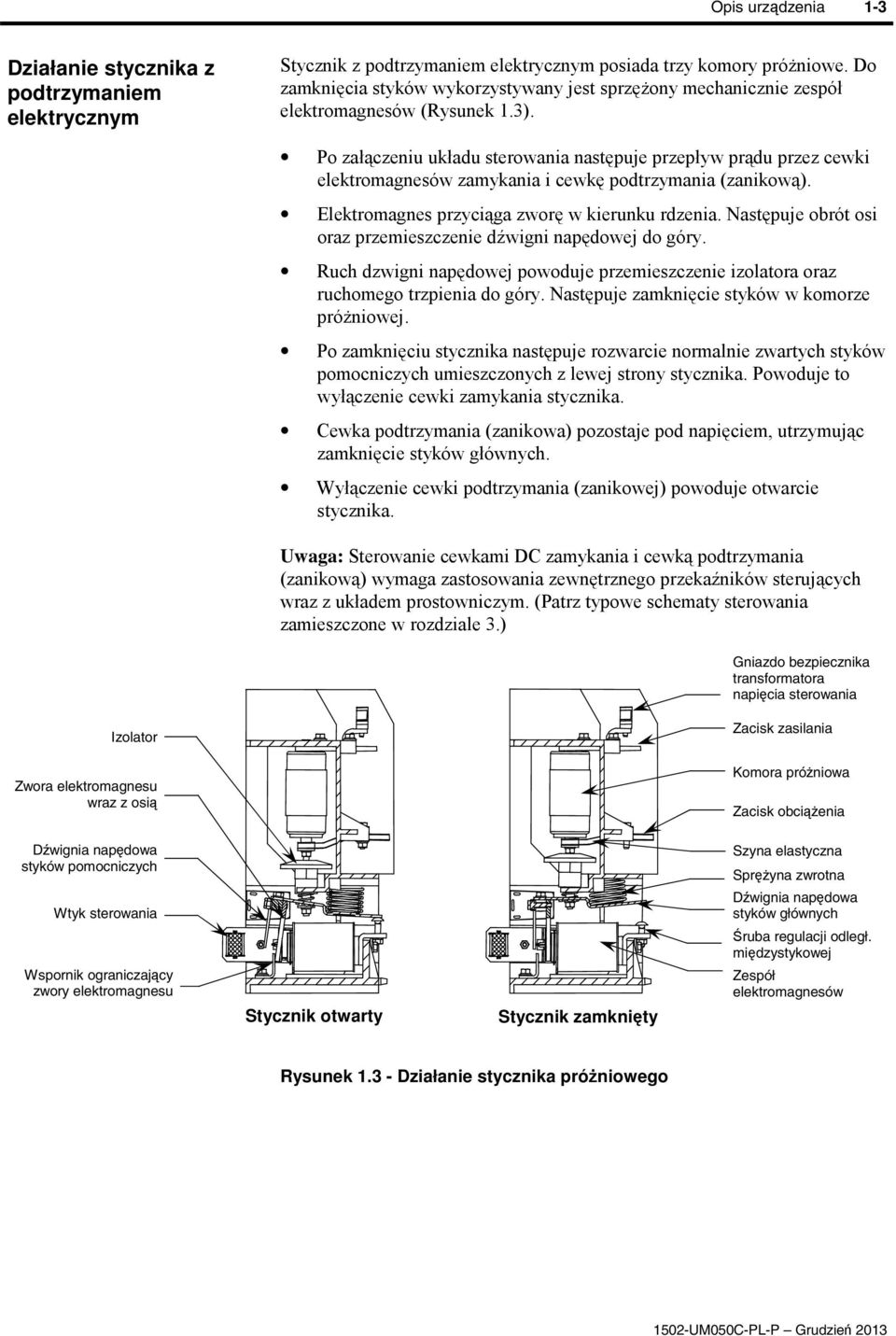 Po załczeniu układu sterowania nastpuje przepływ prdu przez cewki elektromagnesów zamykania i cewk podtrzymania (zanikow). Elektromagnes przyciga zwor w kierunku rdzenia.