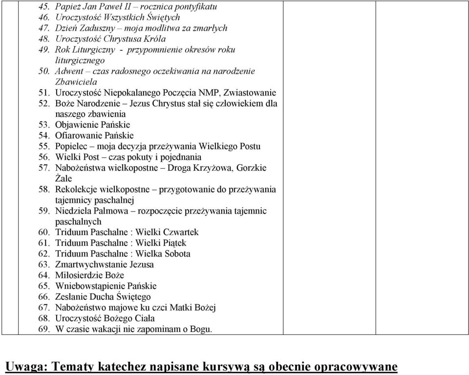 Boże Narodzenie Jezus Chrystus stał się człowiekiem dla naszego zbawienia 53. Objawienie Pańskie 54. Ofiarowanie Pańskie 55. Popielec moja decyzja przeżywania Wielkiego Postu 56.