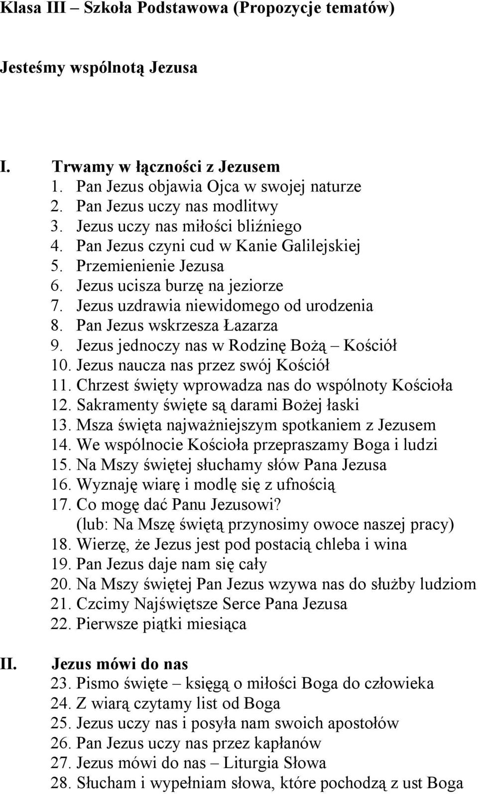 Pan Jezus wskrzesza Łazarza 9. Jezus jednoczy nas w Rodzinę Bożą Kościół 10. Jezus naucza nas przez swój Kościół 11. Chrzest święty wprowadza nas do wspólnoty Kościoła 12.