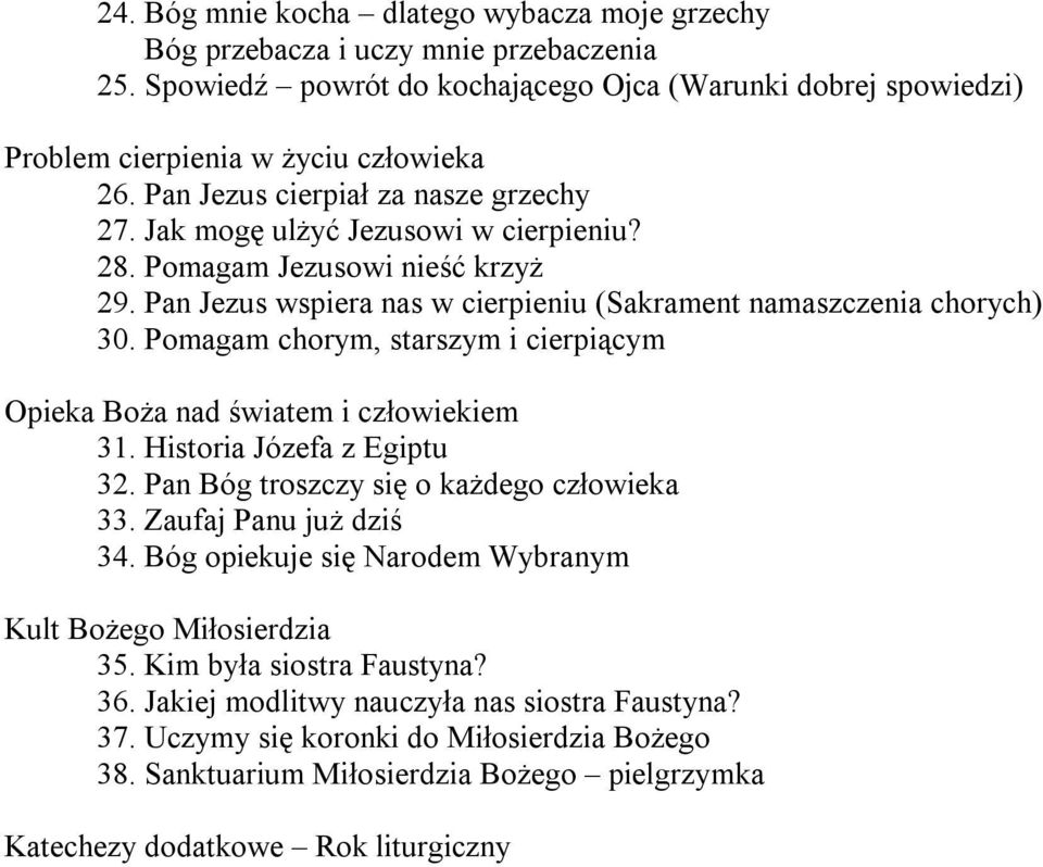 Pomagam chorym, starszym i cierpiącym Opieka Boża nad światem i człowiekiem 31. Historia Józefa z Egiptu 32. Pan Bóg troszczy się o każdego człowieka 33. Zaufaj Panu już dziś 34.